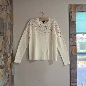 Halogen Cream Wool Blend Sequin Embellished Crew Neck Sweater SIZE :Small